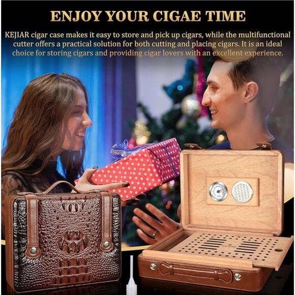Cigar Humidor Box Cigar Lighter Cedar Wood Lined Leather Cigar Case Built in Hyg - Picture 6 of 6